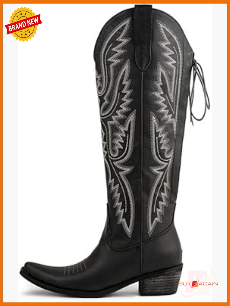 Knee High Cowboy Boots Embroidered Wide Calf Pull-On Chunky Heel